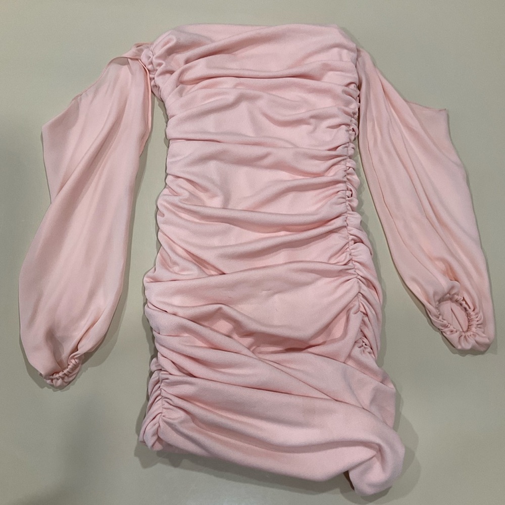 Long sleeved peach colored cocktail dress